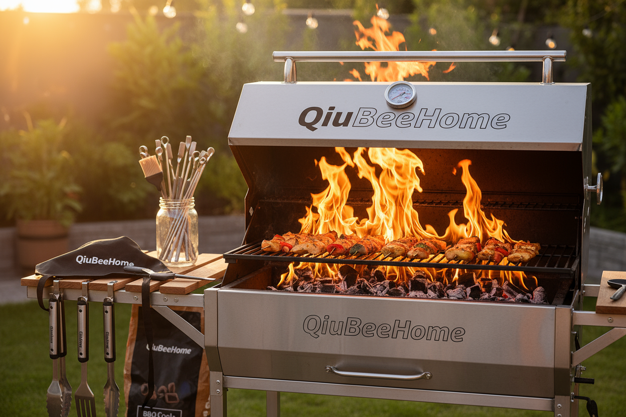Ein Flammender Grill, mit Grillzubehör wo überall mein Brand Name : QiuBeeHome Sichtbar ist